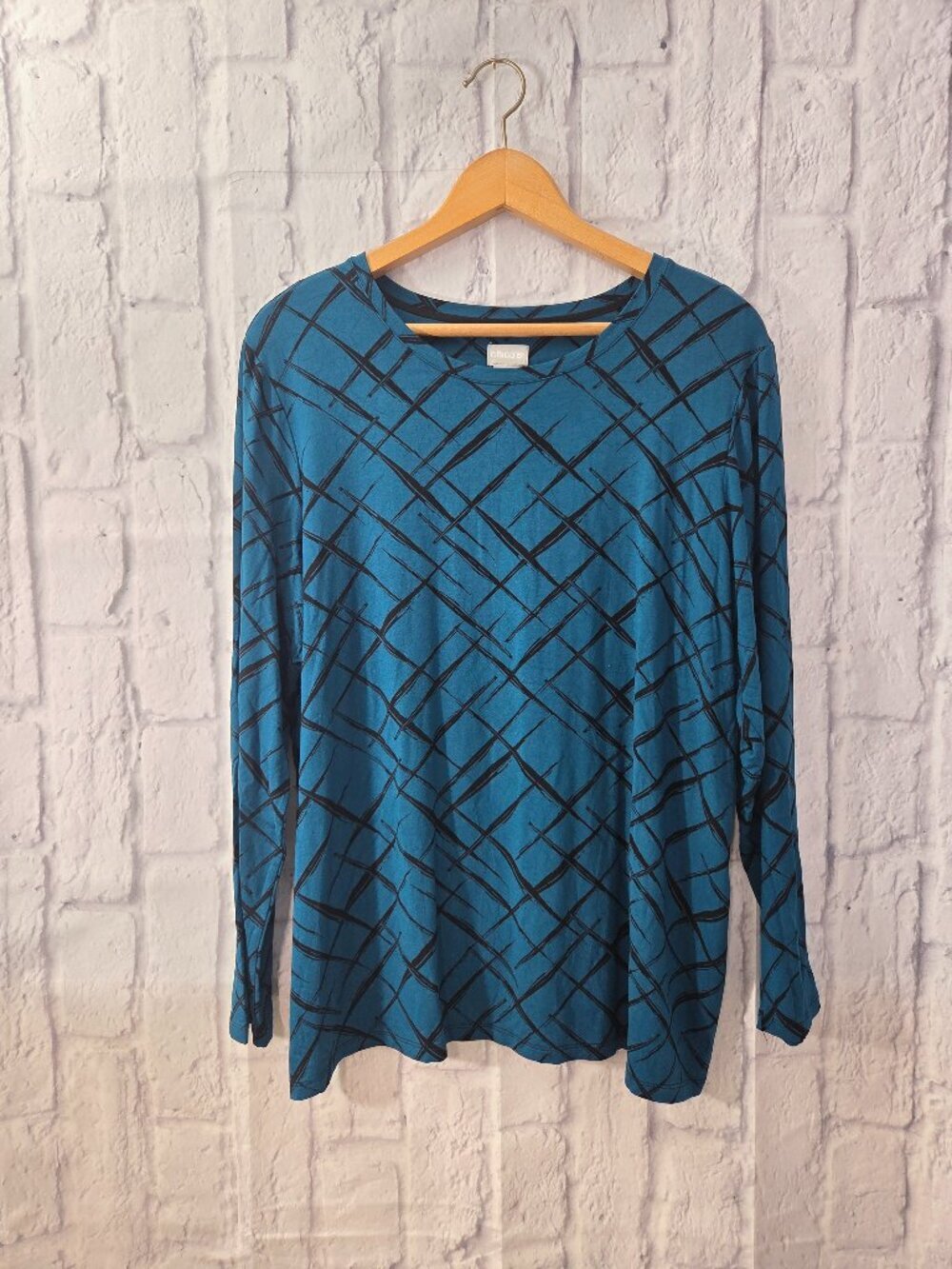 Chico's 3 XL Teal Black Geometric Print Round Neck Longsleeve Casual Modern Tee